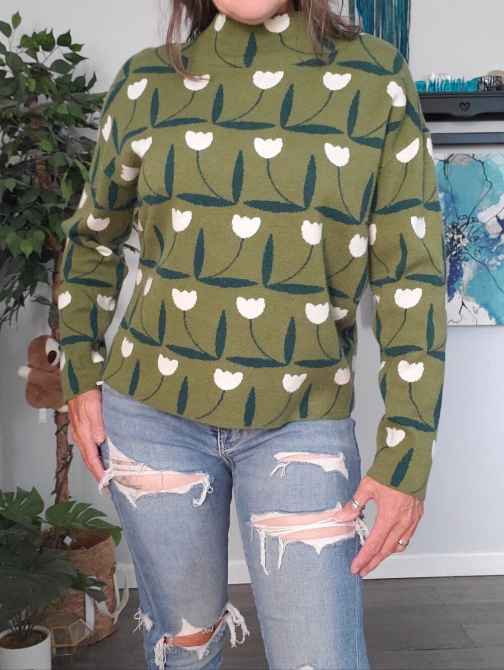 ANTHROPOLOGIE MAEVE The Carys Wearable Art Mock Neck Tulip Sweater M